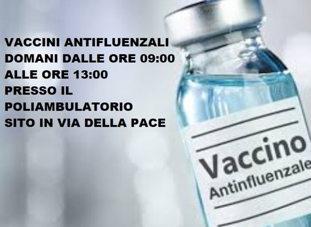 Vaccinazione antinfluenzale domani dalle ore 09:00 alle ore 13:00 presso il poliambulatorio sito in via della Pace.